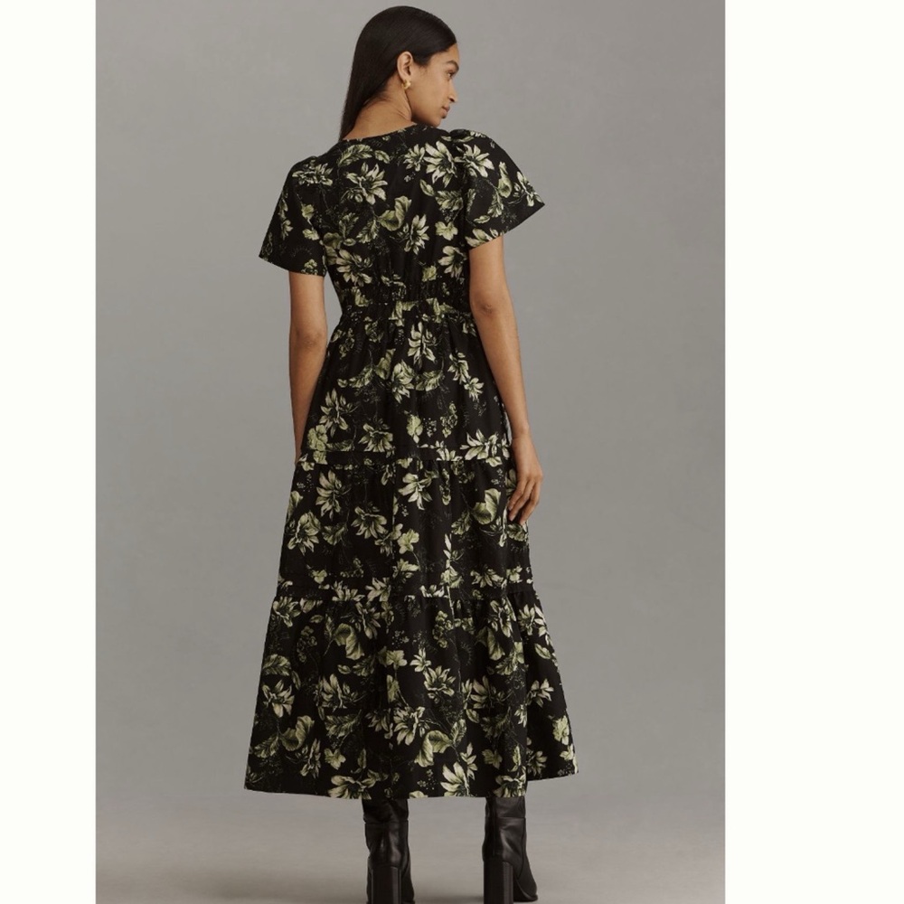 Anthropologie Black Floral Maxi Dress with Green and Cream Print - Picture 6 of 12